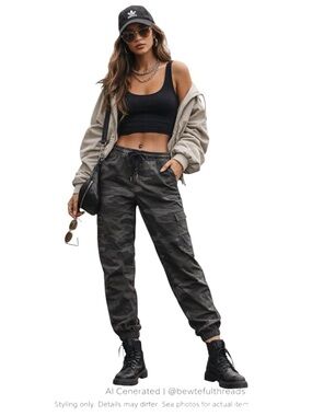 Dark Camo Jogger Pants Women’s L Streetwear Utility Cargo Minimalist
